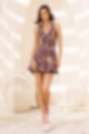 Purple Crepe Embroidered Mini Ruffled Summer Dress by TORQADORN at Pernia's Pop Up Shop