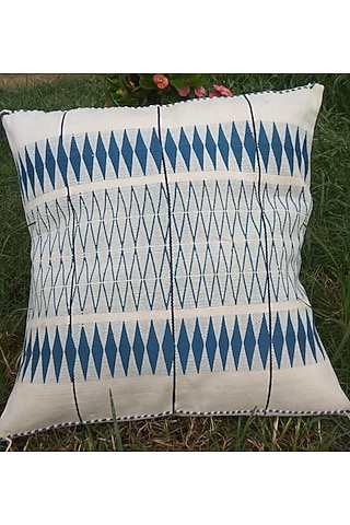 White Cotton Handwoven Cushion Cover With Diamond Motifs by Toshila