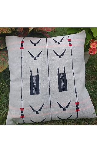 White Cotton Handwoven Cushion Cover With Shield Motifs by Toshila