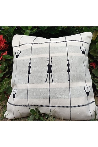White Cotton Mithun Head Handwoven Cushion Cover by Toshila