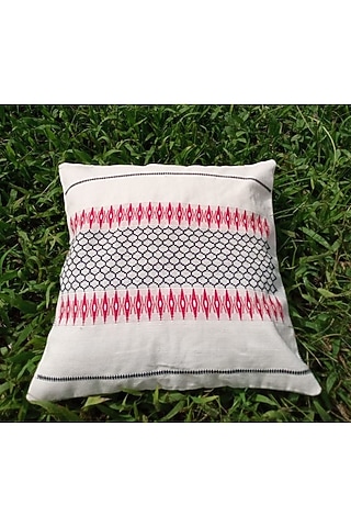 White Cotton Diamond Handwoven Cushion Cover by Toshila