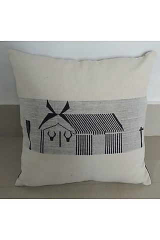 White Cotton Motifs Handwoven Cushion Cover by Toshila