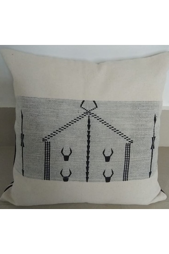 White Cotton Handwoven Cushion Cover With Motifs by Toshila