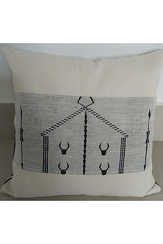 White Cotton Handwoven Cushion Cover With Motifs by Toshila