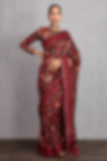 Red Silk Organza & Handwoven Chanderi Block Printed Party Wear Saree by TORANI at Pernia's Pop Up Shop