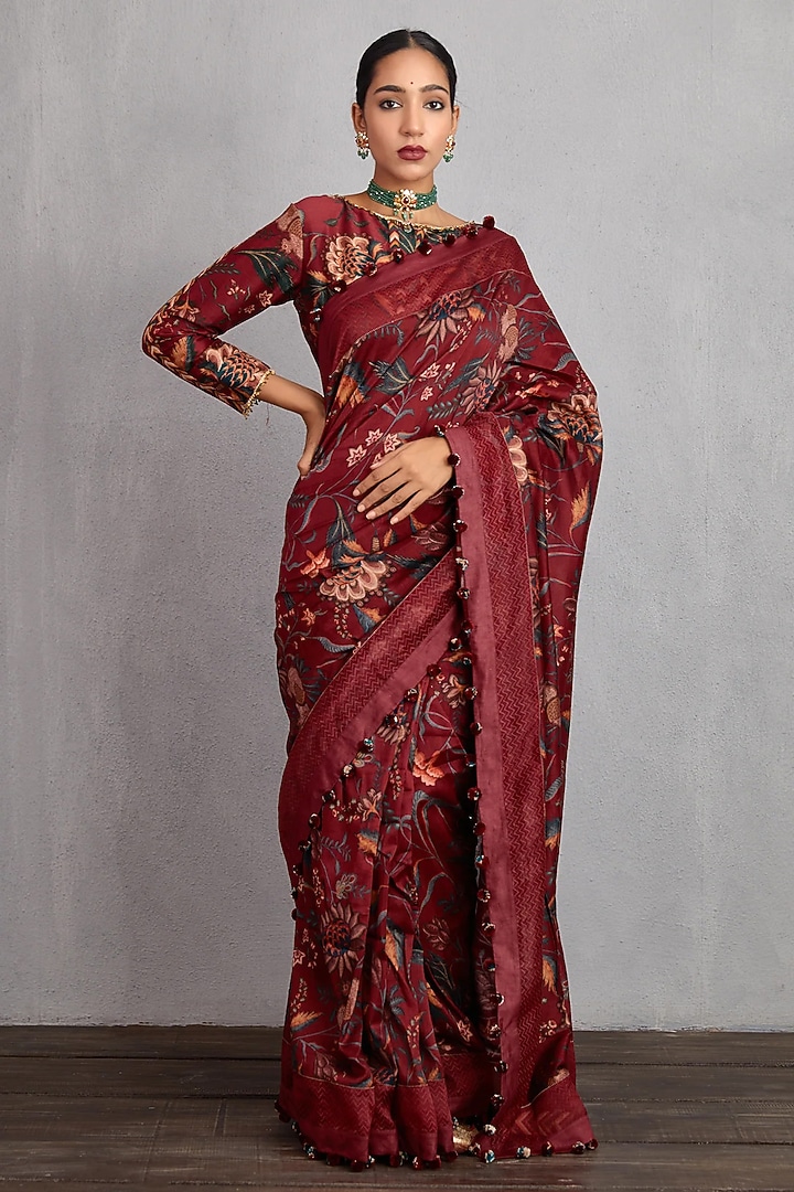 Red Silk Organza & Handwoven Chanderi Block Printed Party Wear Saree by TORANI at Pernia's Pop Up Shop