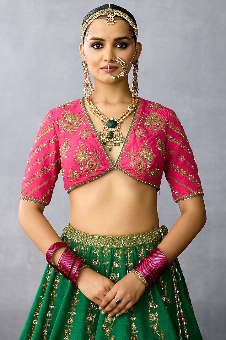 Green Jeni Silk & Organza Embroidered Bridal Lehenga Set by TORANI at Pernia's Pop Up Shop