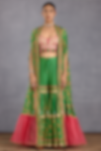 Rich Green Slub Silk & Cotton Silk Printed Sharara Set by TORANI