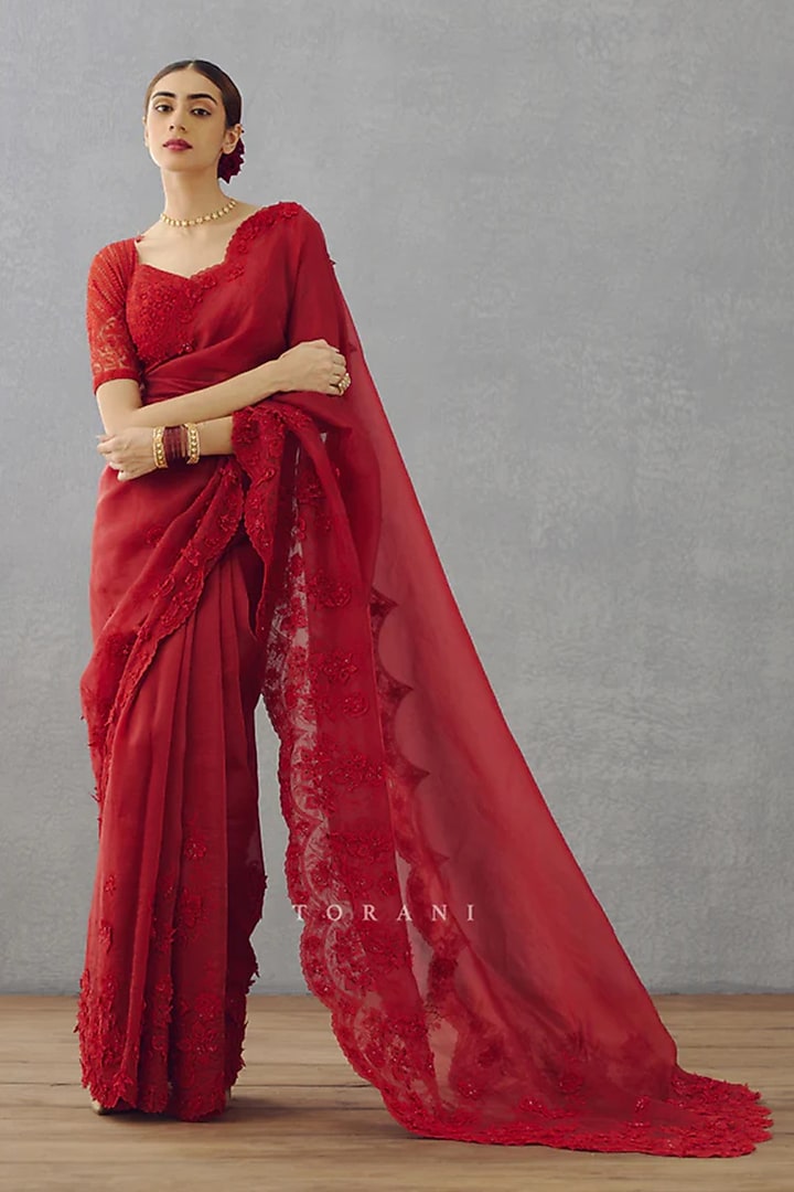 Red Silk Organza & Silk Lycra Hand Embroidered Wedding Saree by Torani at Pernia's Pop Up Shop