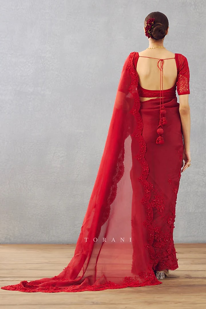Red Silk Organza & Silk Lycra Hand Embroidered Reception Saree by Torani at Pernia's Pop Up Shop