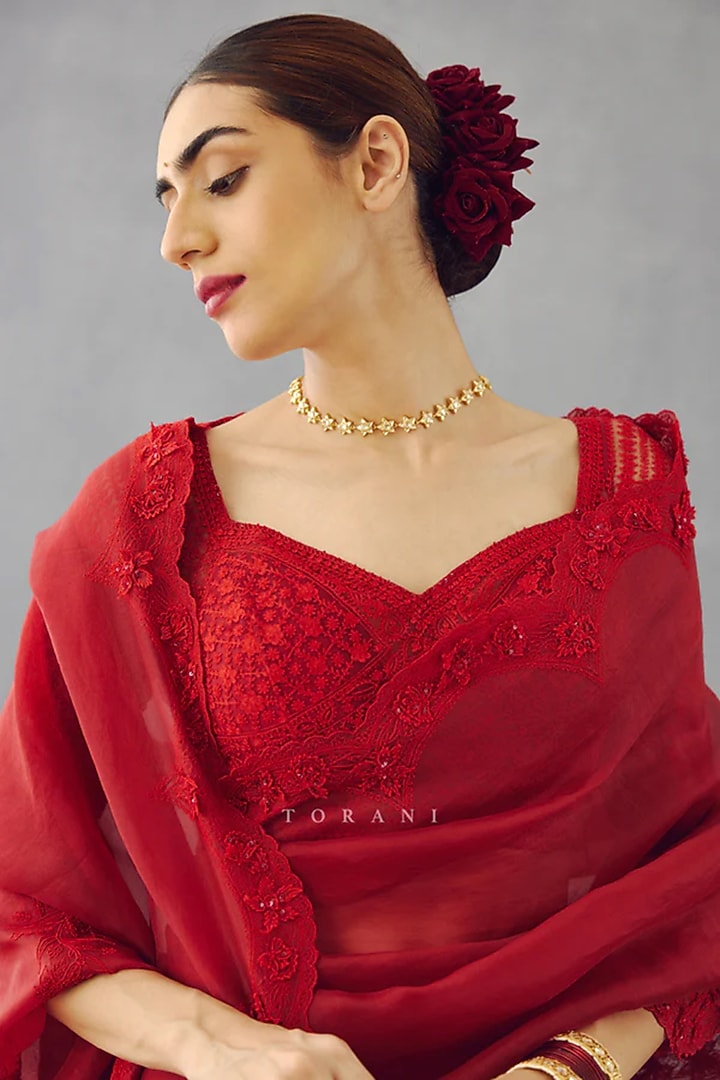 Red Silk Organza & Silk Lycra Hand Embroidered Reception Saree by Torani at Pernia's Pop Up Shop