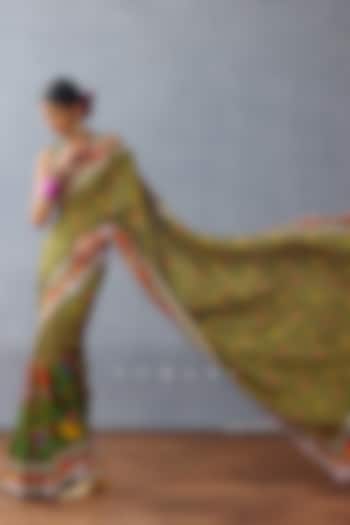 Green Slub Silk Digital Printed Wedding Saree by TORANI at Pernia's Pop Up Shop