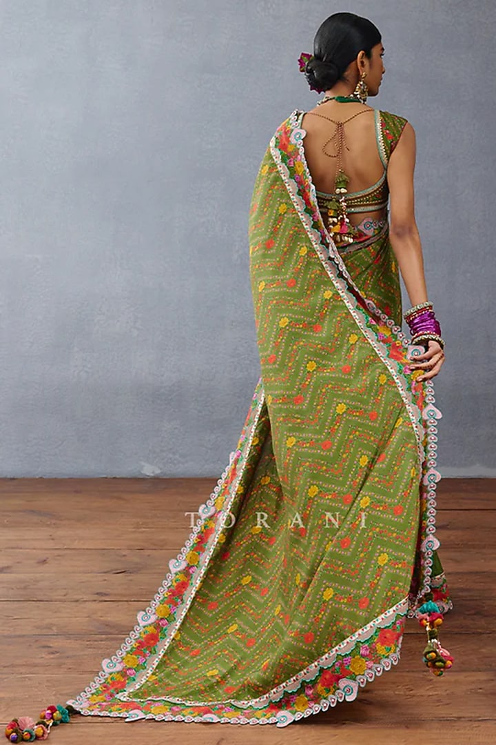 Green Slub Silk Digital Printed Wedding Saree by TORANI at Pernia's Pop Up Shop