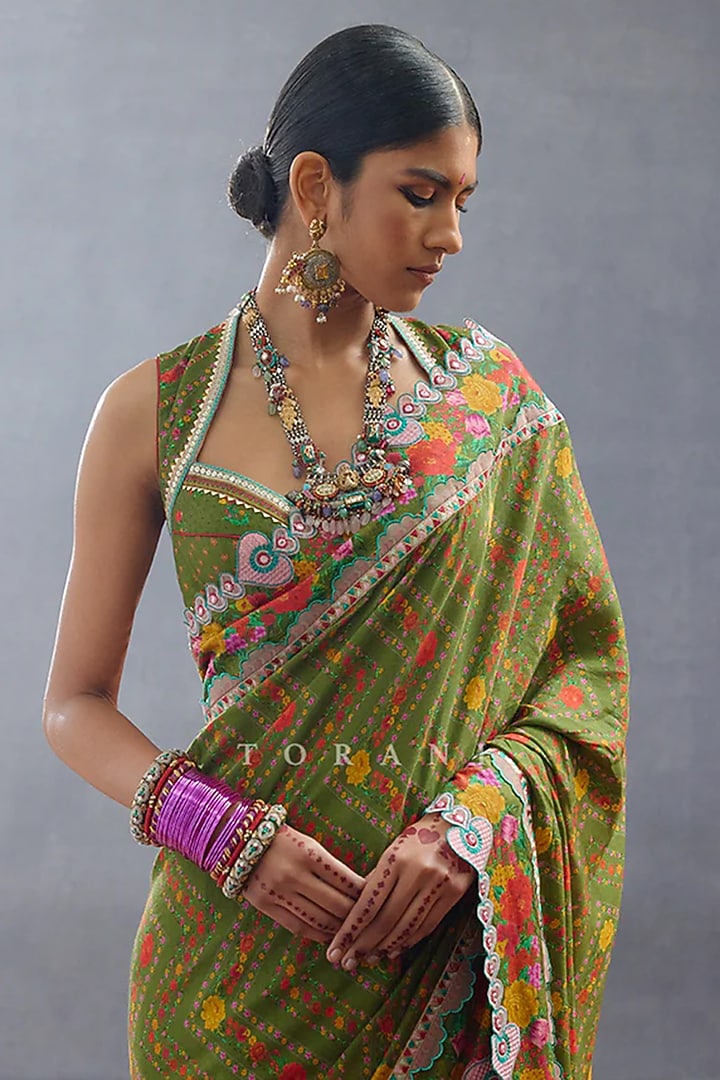 Green Slub Silk Digital Printed Wedding Saree by TORANI at Pernia's Pop Up Shop