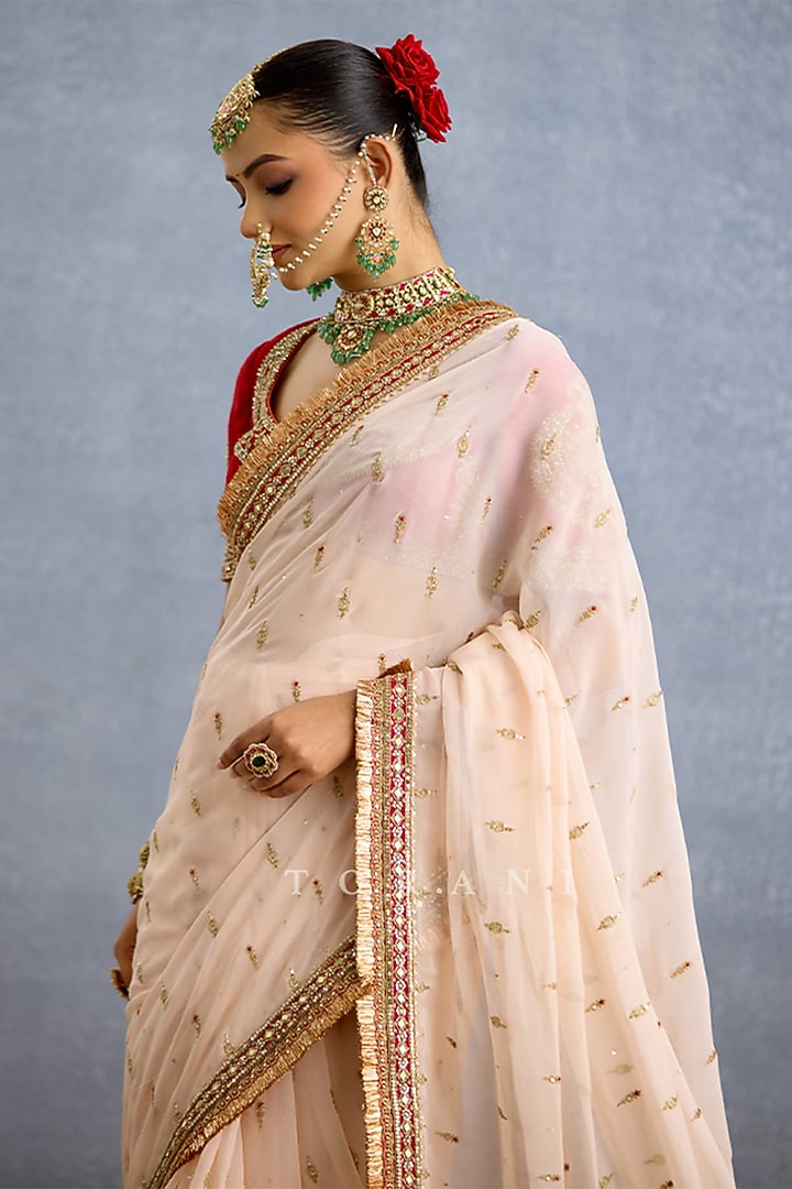 Ivory Chiffon & Jeni Silk Embroidered Reception Saree by TORANI at Pernia's Pop Up Shop