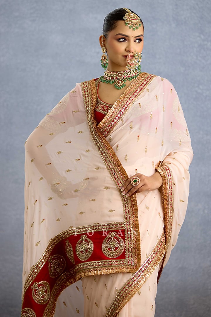 Ivory Chiffon & Jeni Silk Embroidered Reception Saree by TORANI at Pernia's Pop Up Shop