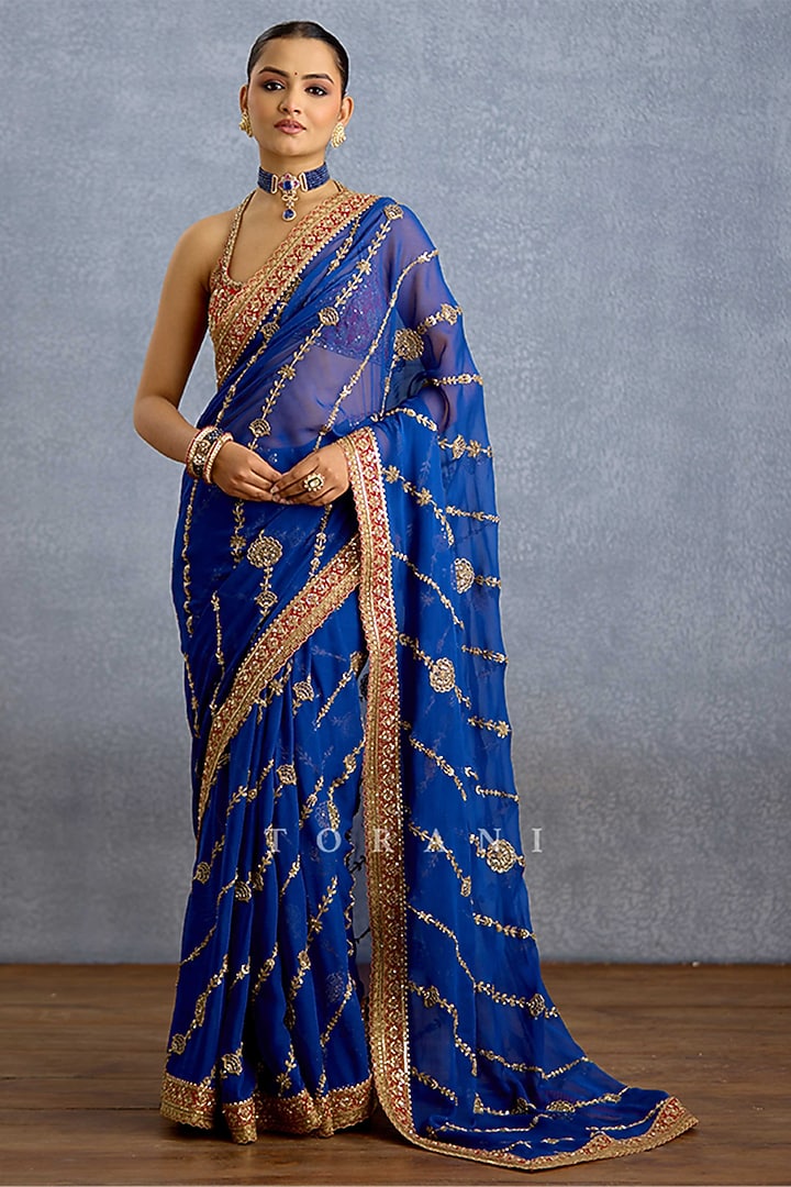 Midnight Blue Georgette & Jeni Silk Embroidered Reception Saree by TORANI at Pernia's Pop Up Shop