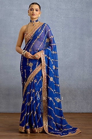 Midnight Blue Georgette & Jeni Silk Embroidered Saree by TORANI