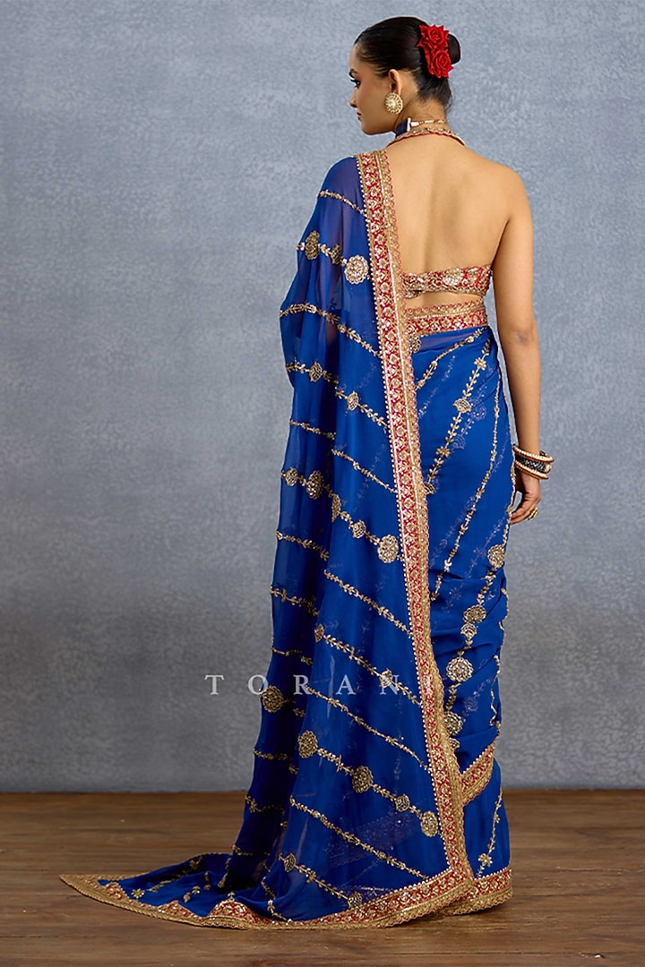 Midnight Blue Georgette & Jeni Silk Embroidered Reception Saree by TORANI at Pernia's Pop Up Shop
