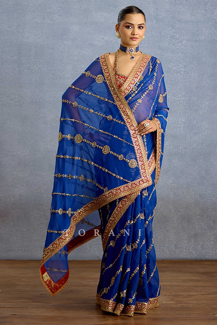Midnight Blue Georgette & Jeni Silk Embroidered Reception Saree by TORANI at Pernia's Pop Up Shop