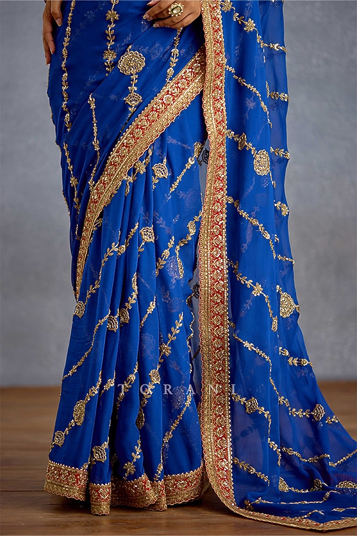 Midnight Blue Georgette & Jeni Silk Embroidered Reception Saree by TORANI at Pernia's Pop Up Shop