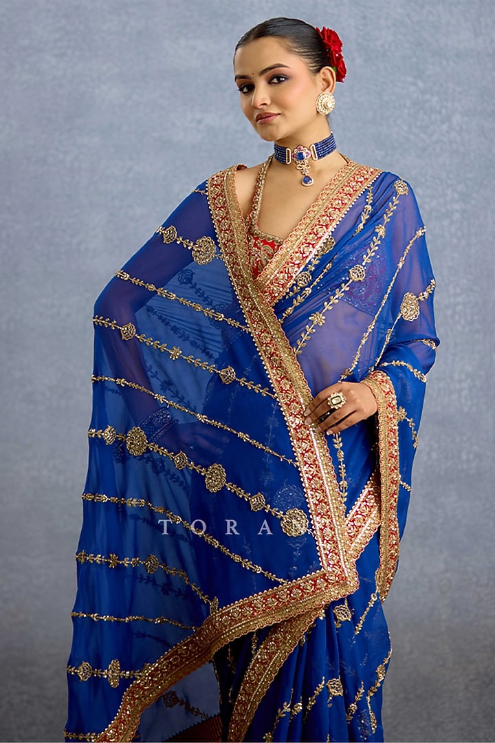 Midnight Blue Georgette & Jeni Silk Embroidered Reception Saree by TORANI at Pernia's Pop Up Shop