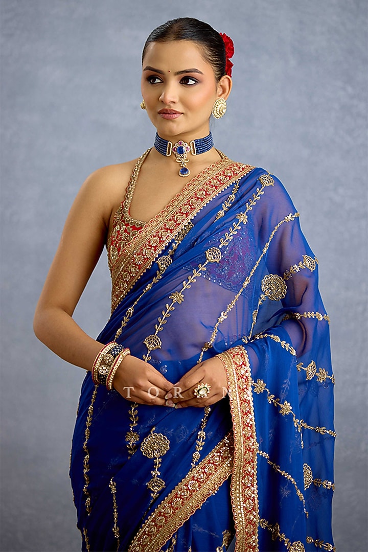 Midnight Blue Georgette & Jeni Silk Embroidered Reception Saree by TORANI at Pernia's Pop Up Shop