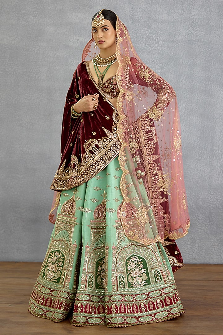 Green Silk & Net Motif Embroidered Bridal Lehenga Set by TORANI at Pernia's Pop Up Shop