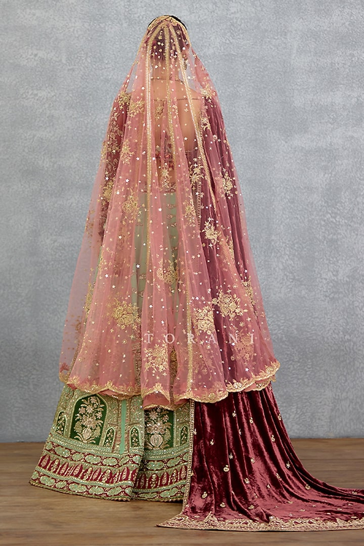 Green Silk & Net Motif Embroidered Bridal Lehenga Set by TORANI at Pernia's Pop Up Shop
