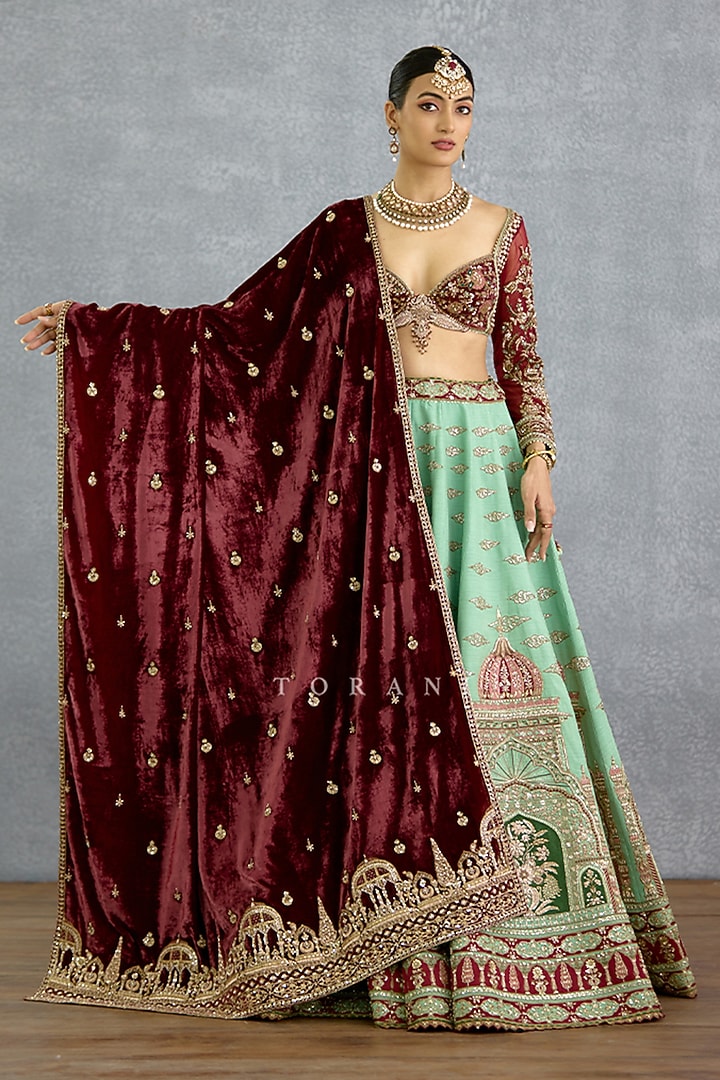 Green Silk & Net Motif Embroidered Bridal Lehenga Set by TORANI at Pernia's Pop Up Shop