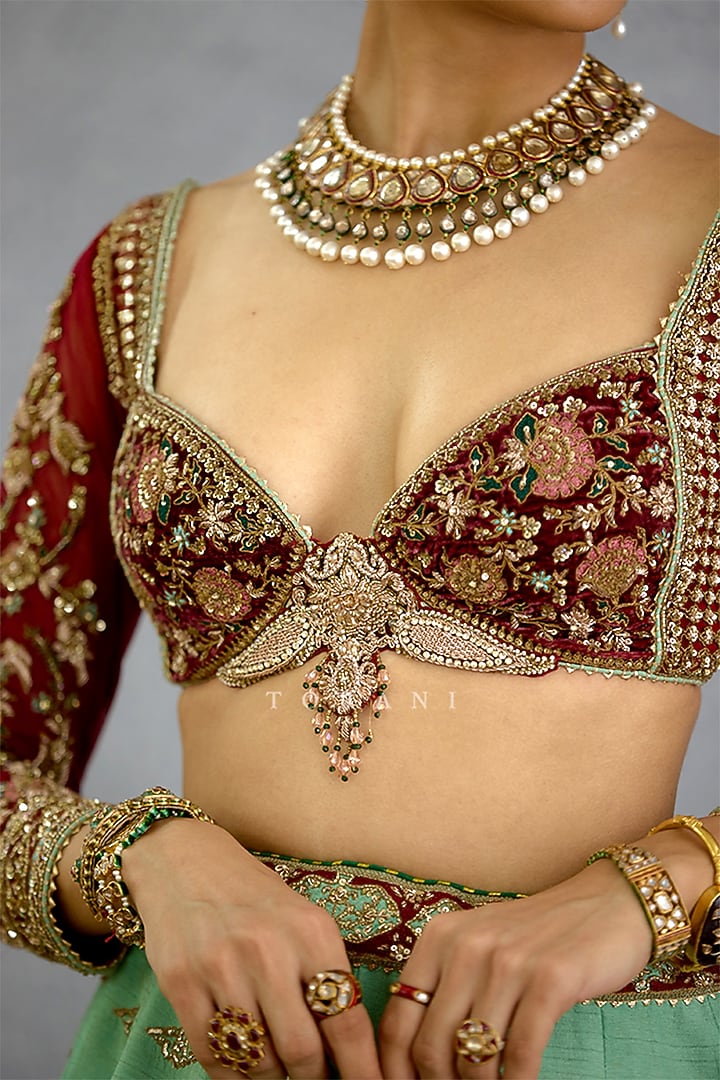 Green Silk & Net Motif Embroidered Bridal Lehenga Set by TORANI at Pernia's Pop Up Shop