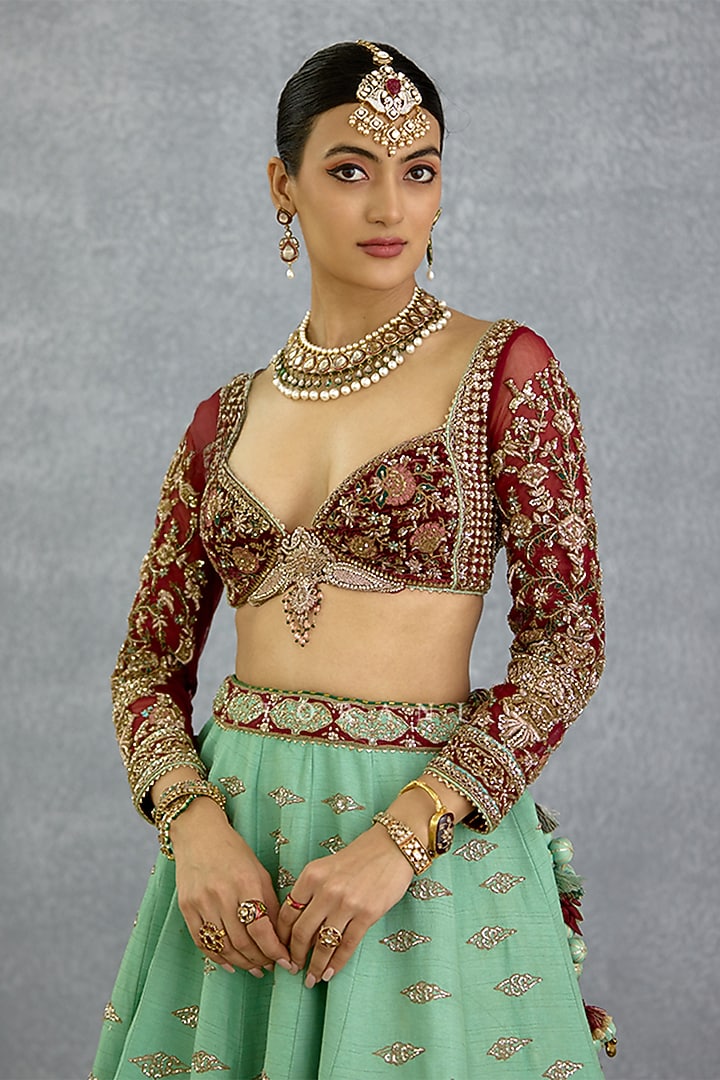 Green Silk & Net Motif Embroidered Bridal Lehenga Set by TORANI at Pernia's Pop Up Shop