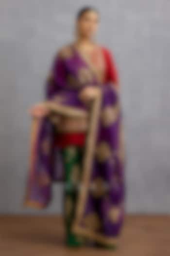 Red Silk & Organza Motif Embroidered Kurta Set by TORANI at Pernia's Pop Up Shop