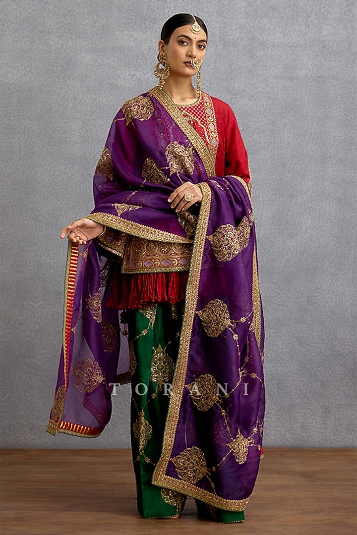 Red Silk & Organza Motif Embroidered Kurta Set by TORANI at Pernia's Pop Up Shop