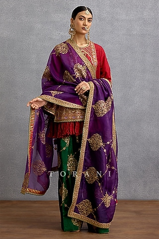 Red Silk & Organza Motif Embroidered Kurta Set by TORANI