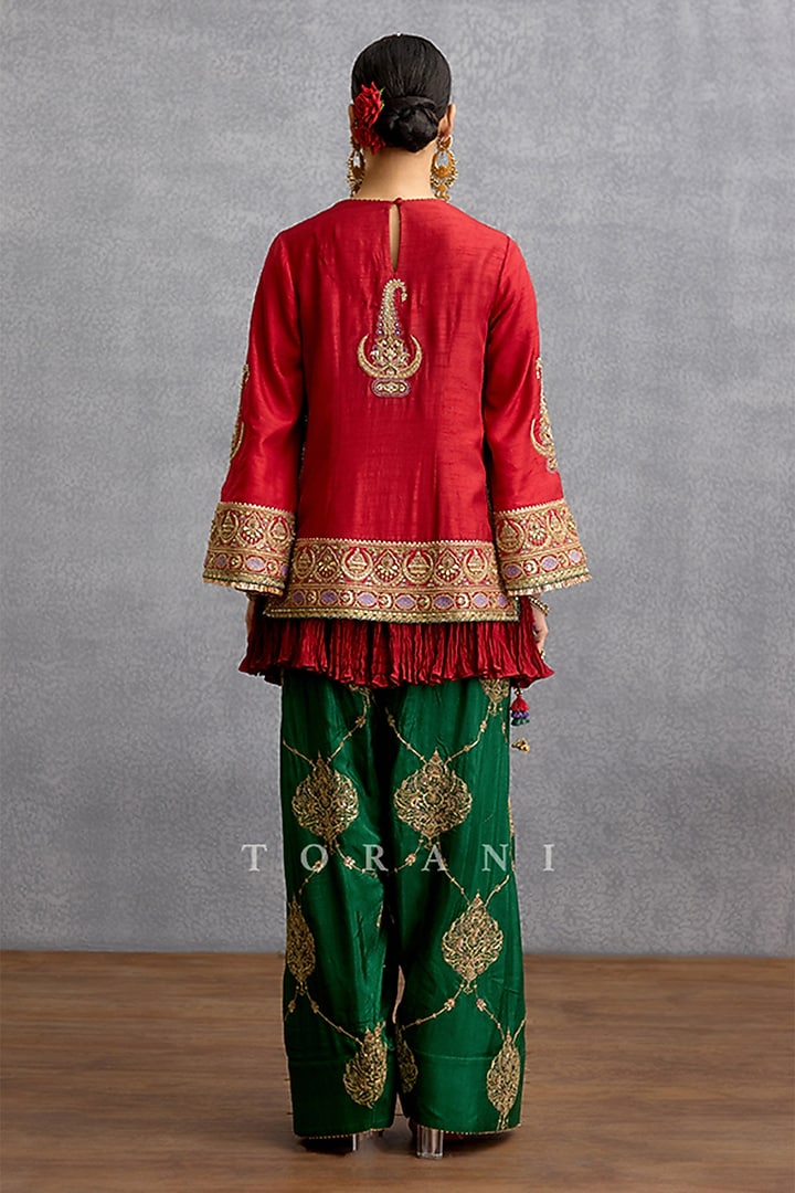 Red Silk & Organza Motif Embroidered Kurta Set by TORANI at Pernia's Pop Up Shop