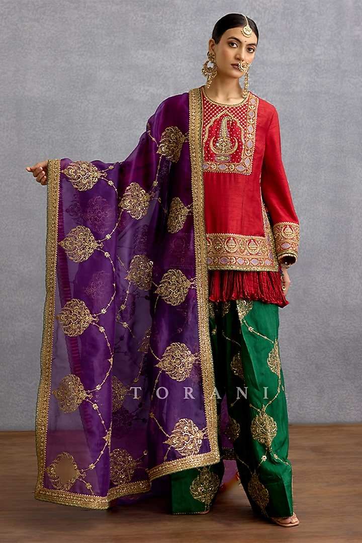 Red Silk & Organza Motif Embroidered Kurta Set by TORANI at Pernia's Pop Up Shop