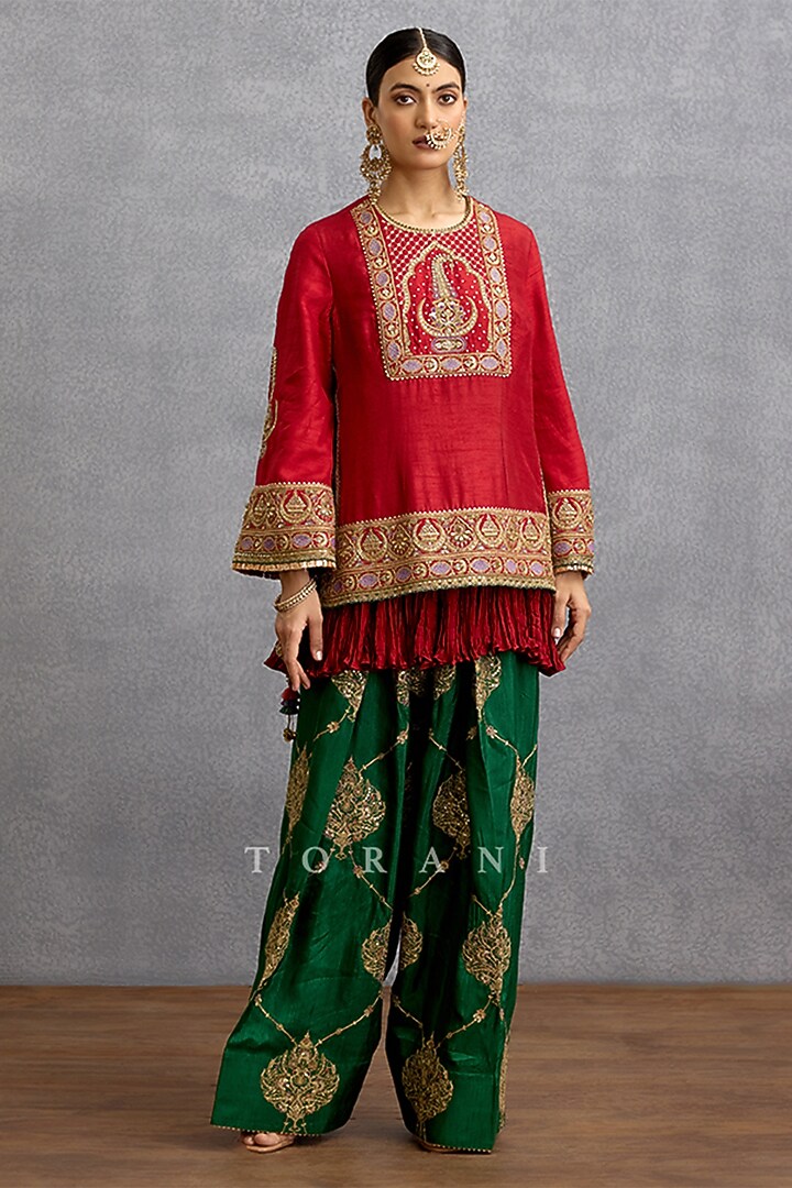 Red Silk & Organza Motif Embroidered Kurta Set by TORANI at Pernia's Pop Up Shop