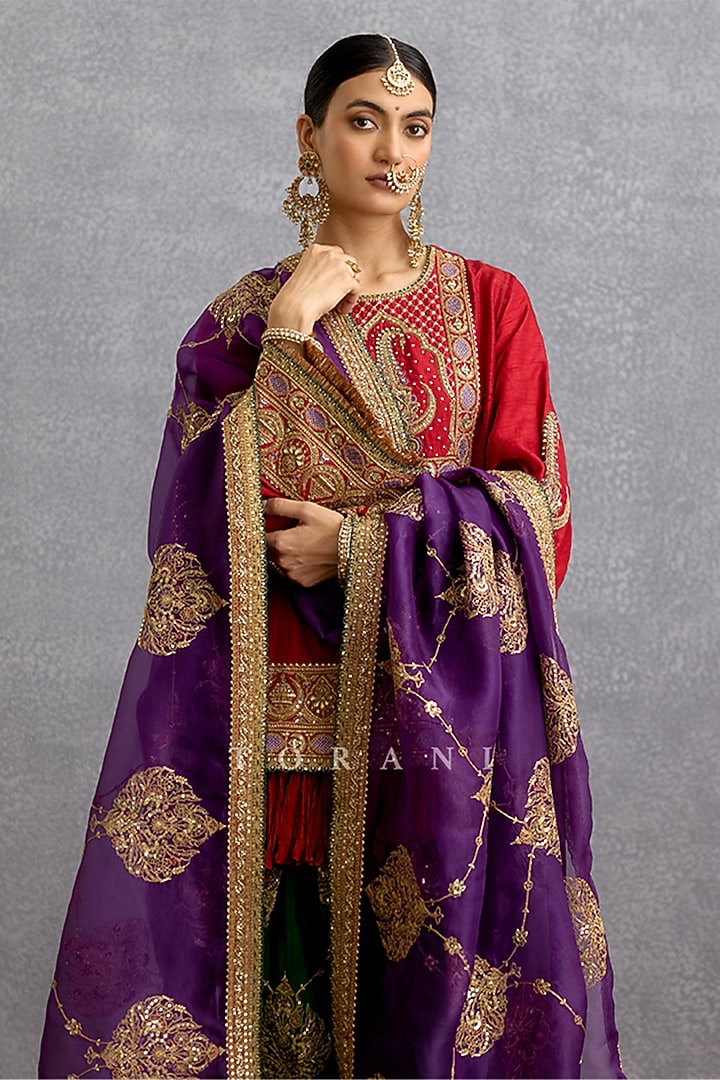 Red Silk & Organza Motif Embroidered Kurta Set by TORANI at Pernia's Pop Up Shop