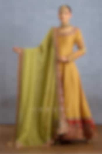 Mustard Yellow Silk & Organza Embroidered Bridal Anarkali Set by TORANI at Pernia's Pop Up Shop