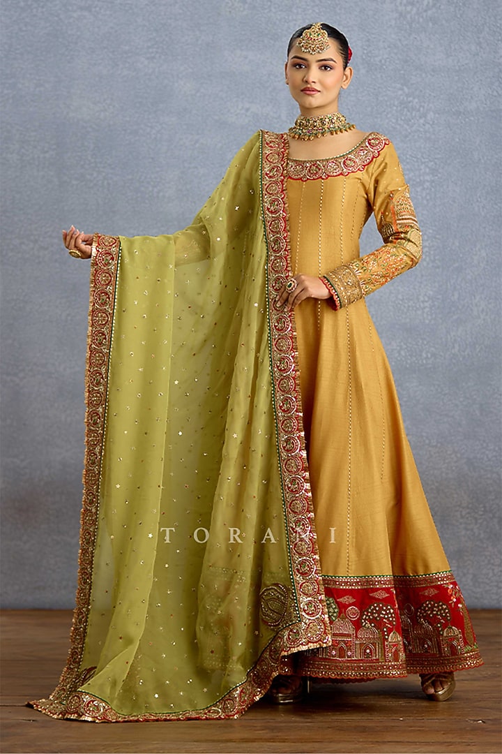 Mustard Yellow Silk & Organza Embroidered Bridal Anarkali Set by TORANI at Pernia's Pop Up Shop