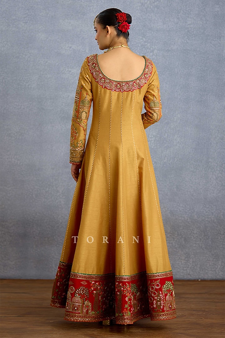 Mustard Yellow Silk & Organza Embroidered Bridal Anarkali Set by TORANI at Pernia's Pop Up Shop