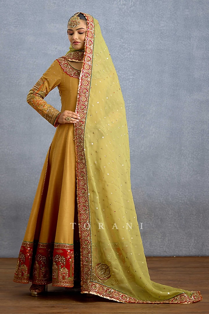 Mustard Yellow Silk & Organza Embroidered Bridal Anarkali Set by TORANI at Pernia's Pop Up Shop