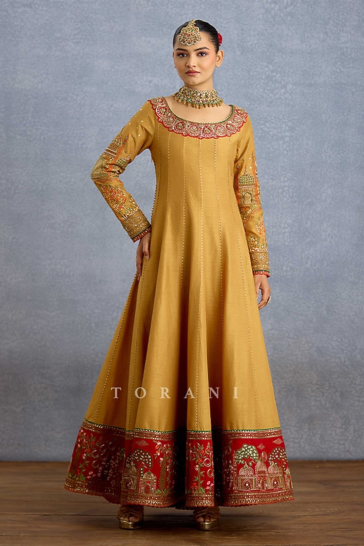 Mustard Yellow Silk & Organza Embroidered Bridal Anarkali Set by TORANI at Pernia's Pop Up Shop