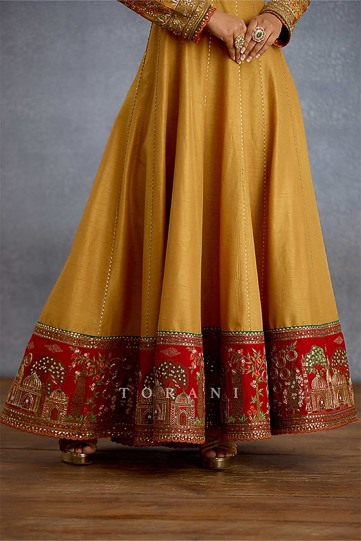 Mustard Yellow Silk & Organza Embroidered Bridal Anarkali Set by TORANI at Pernia's Pop Up Shop