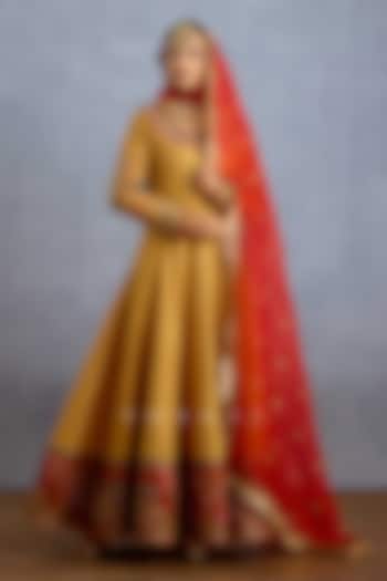 Mustard Yellow Silk & Organza Embroidered Bridal Anarkali Set by TORANI at Pernia's Pop Up Shop
