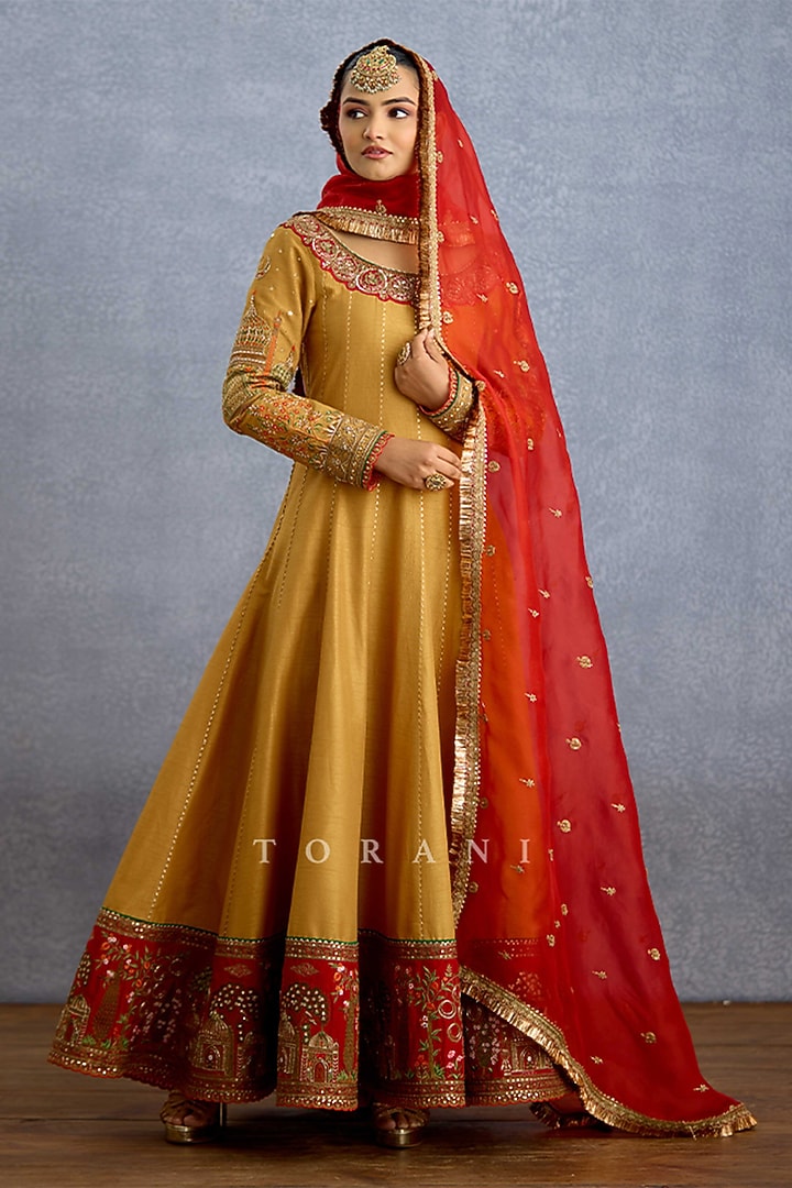 Mustard Yellow Silk & Organza Embroidered Bridal Anarkali Set by TORANI at Pernia's Pop Up Shop