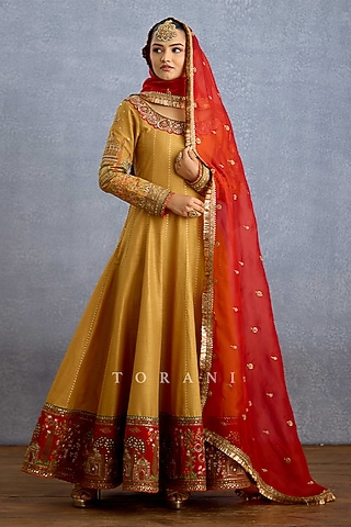 Mustard Yellow Silk & Organza Embroidered Anarkali Set by TORANI