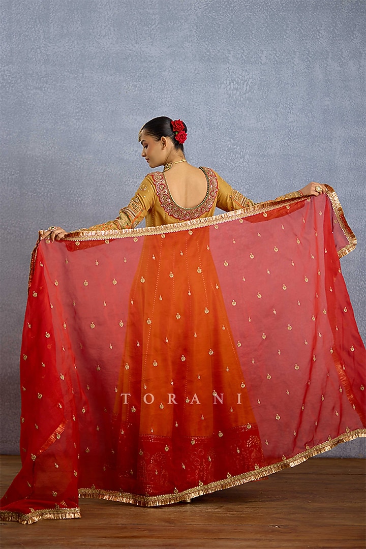 Mustard Yellow Silk & Organza Embroidered Bridal Anarkali Set by TORANI at Pernia's Pop Up Shop