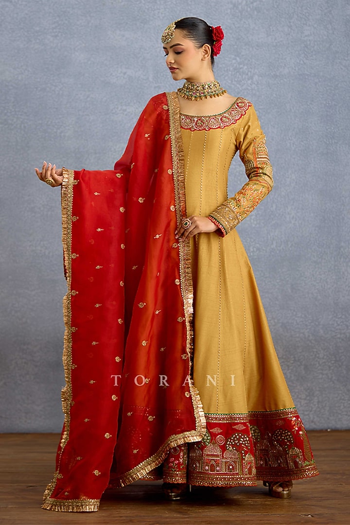 Mustard Yellow Silk & Organza Embroidered Bridal Anarkali Set by TORANI at Pernia's Pop Up Shop